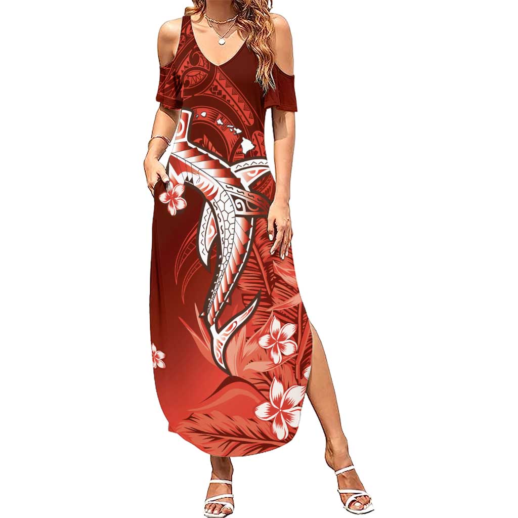 Personalized Hawaiian Maori Hammerhead Shark Summer Maxi Dress Ulaula Plumeria - Polynesian Pride