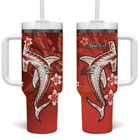 Personalized Hawaiian Maori Hammerhead Shark Tumbler With Handle Ulaula Plumeria - Polynesian Pride