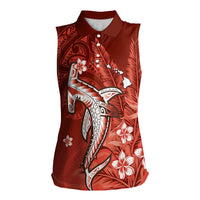 Personalized Hawaiian Maori Hammerhead Shark Women Sleeveless Polo Shirt Ulaula Plumeria LT9 Female Red - Polynesian Pride