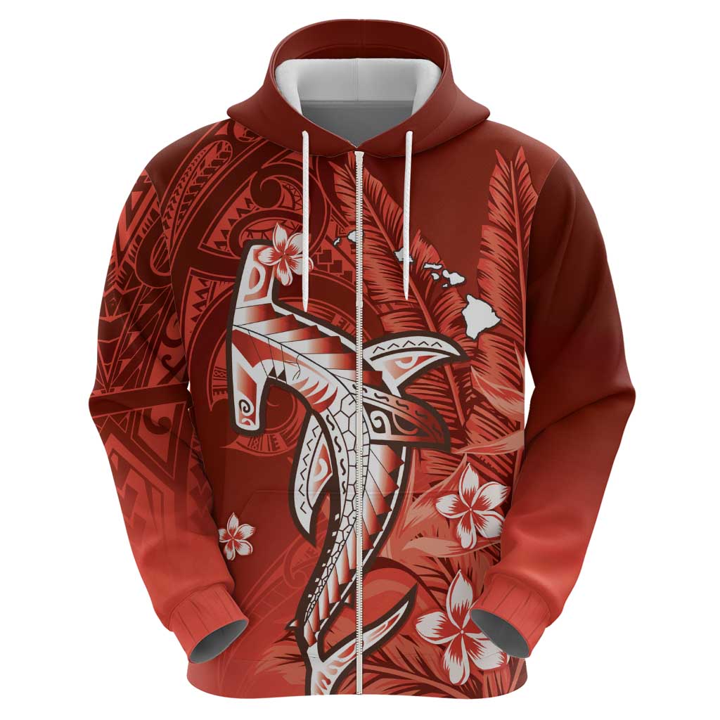Personalized Hawaiian Maori Hammerhead Shark Zip Hoodie Ulaula Plumeria - Polynesian Pride