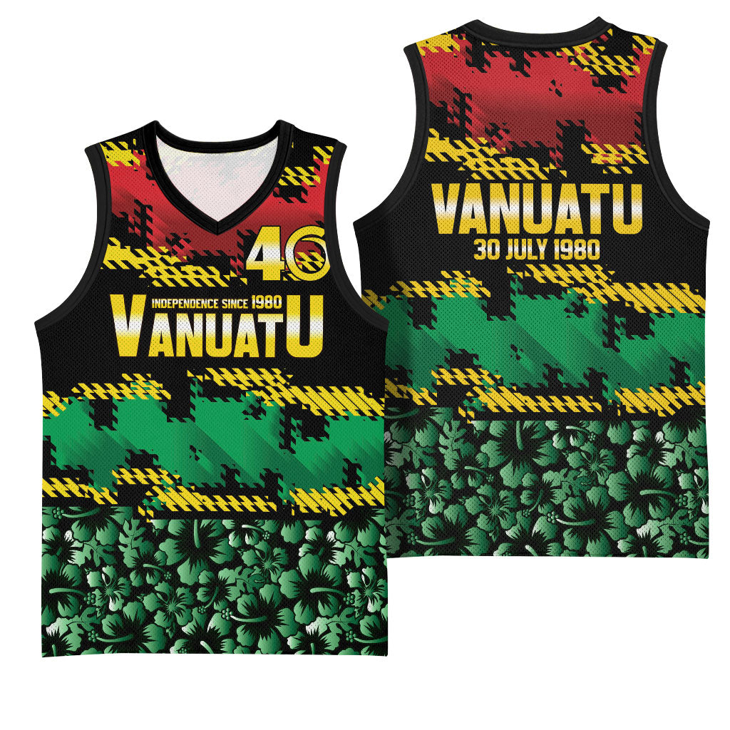 Vanuatu 46th Year Anniversary Basketball Jersey 30 July 1980 Hibiscus Seamless Pattern