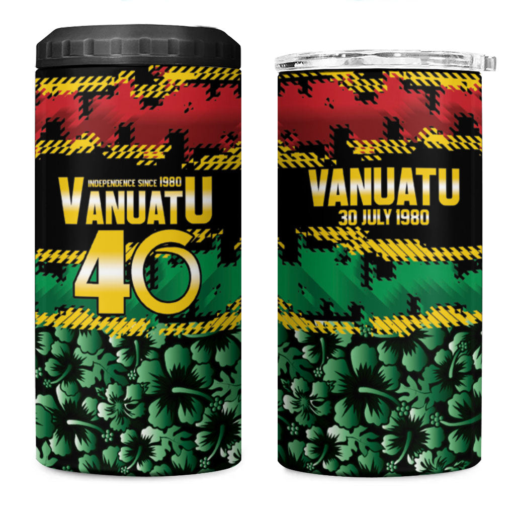 Vanuatu 46th Year Anniversary 4 in 1 Can Cooler Tumbler 30 July 1980 Hibiscus Seamless Pattern