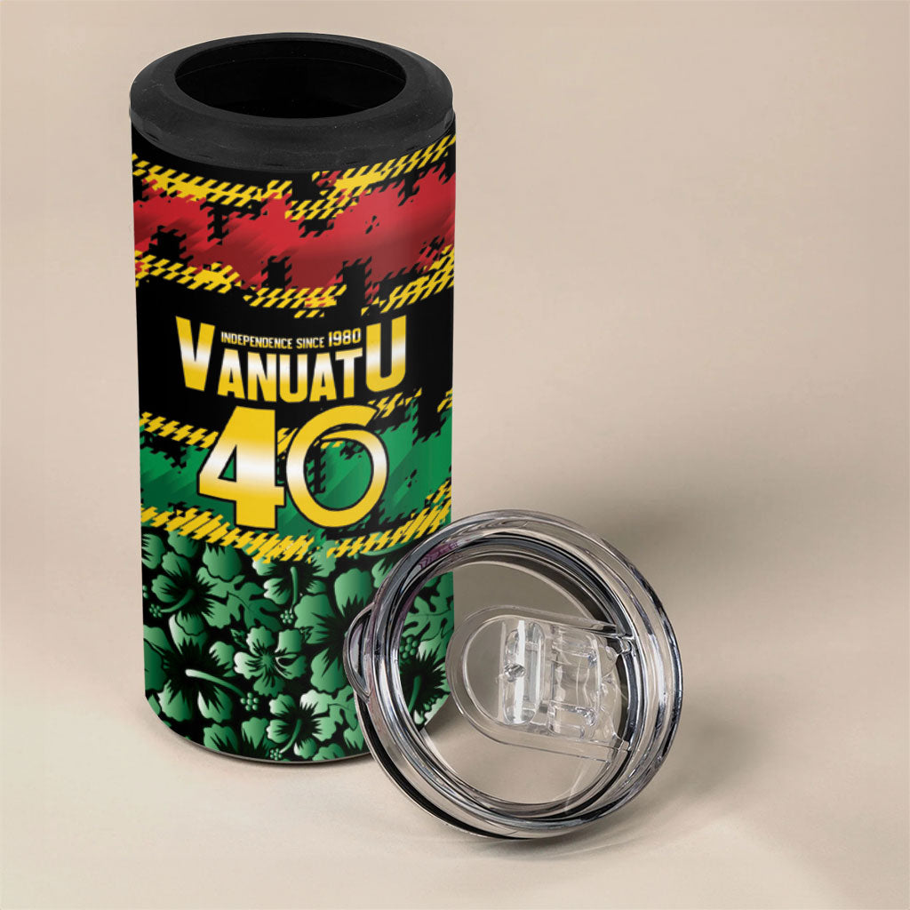 Vanuatu 46th Year Anniversary 4 in 1 Can Cooler Tumbler 30 July 1980 Hibiscus Seamless Pattern