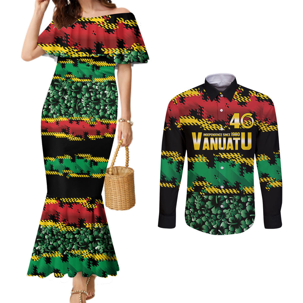Vanuatu 46th Year Anniversary Couples Matching Mermaid Dress and Long Sleeve Button Shirt 30 July 1980 Hibiscus Seamless Pattern LT9 Black - Polynesian Pride