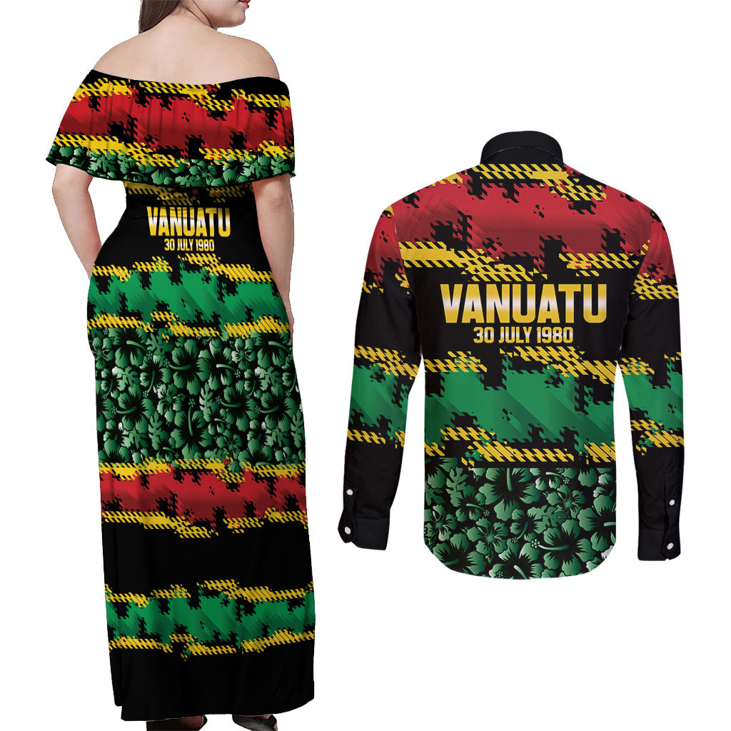 Vanuatu 46th Year Anniversary Couples Matching Off Shoulder Maxi Dress and Long Sleeve Button Shirt 30 July 1980 Hibiscus Seamless Pattern