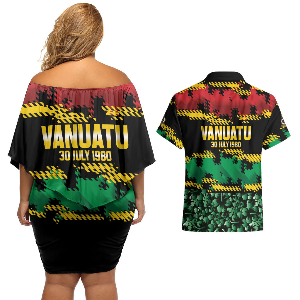 Vanuatu 46th Year Anniversary Couples Matching Off Shoulder Short Dress and Hawaiian Shirt 30 July 1980 Hibiscus Seamless Pattern LT9 - Polynesian Pride