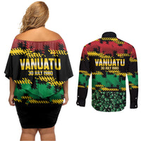 Vanuatu 46th Year Anniversary Couples Matching Off Shoulder Short Dress and Long Sleeve Button Shirt 30 July 1980 Hibiscus Seamless Pattern
