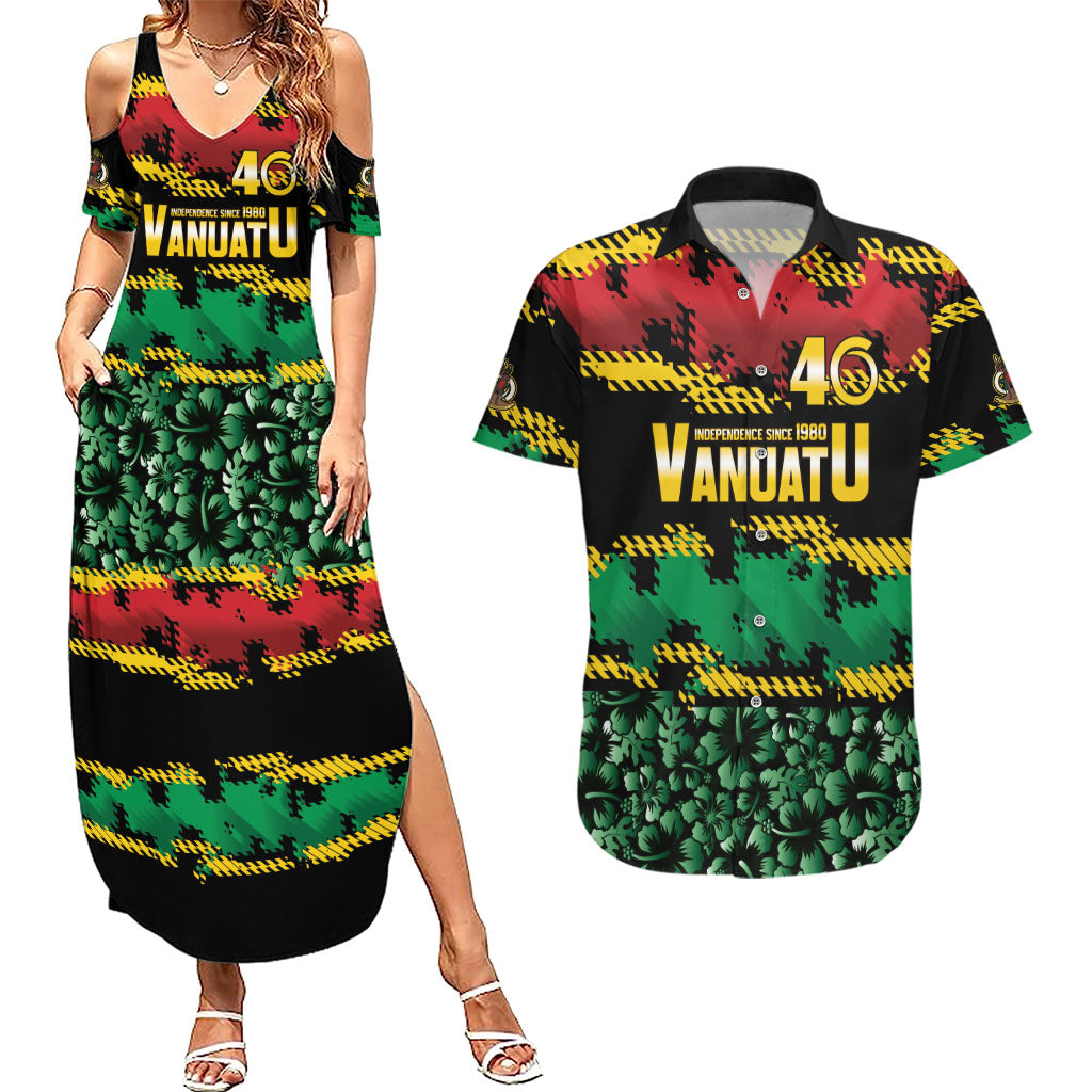 Vanuatu 46th Year Anniversary Couples Matching Summer Maxi Dress and Hawaiian Shirt 30 July 1980 Hibiscus Seamless Pattern LT9 Black - Polynesian Pride