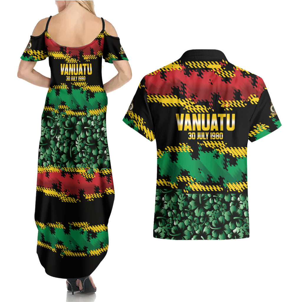 Vanuatu 46th Year Anniversary Couples Matching Summer Maxi Dress and Hawaiian Shirt 30 July 1980 Hibiscus Seamless Pattern LT9 - Polynesian Pride