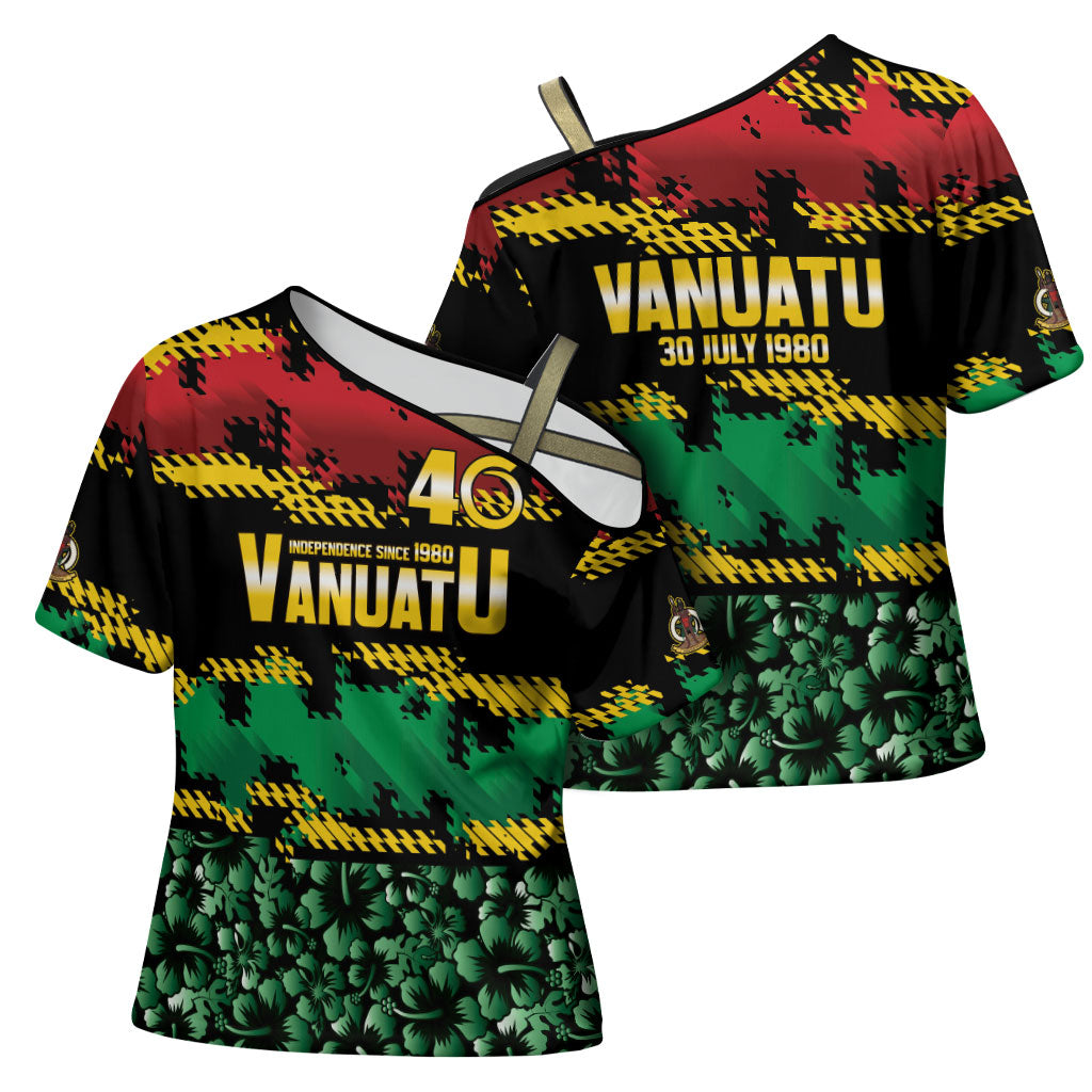 Vanuatu 46th Year Anniversary Cross Shoulder Shirt 30 July 1980 Hibiscus Seamless Pattern