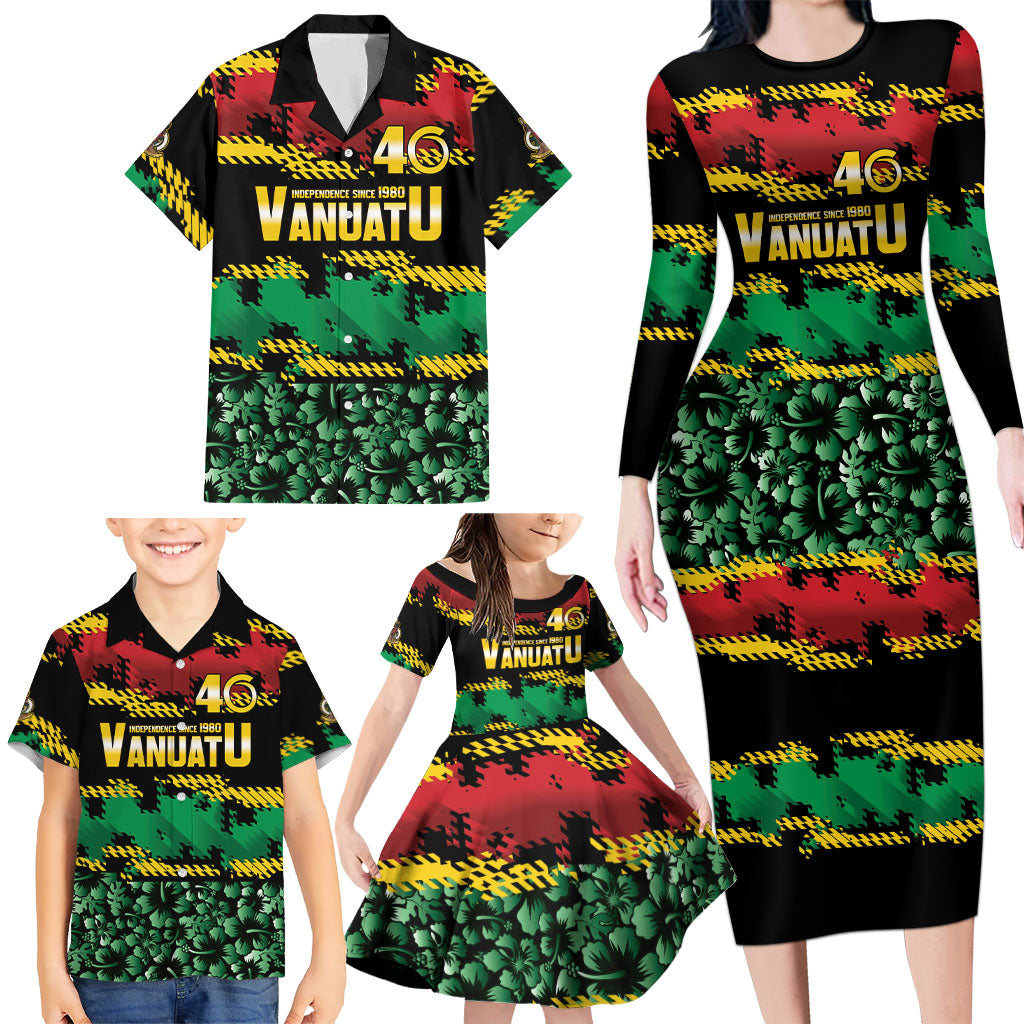 Vanuatu 46th Year Anniversary Family Matching Long Sleeve Bodycon Dress and Hawaiian Shirt 30 July 1980 Hibiscus Seamless Pattern LT9 - Polynesian Pride
