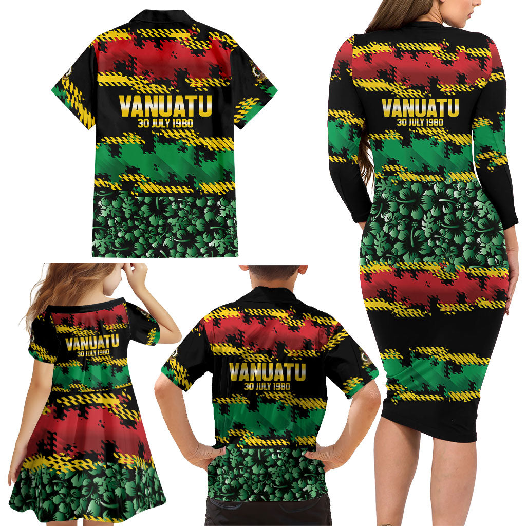 Vanuatu 46th Year Anniversary Family Matching Long Sleeve Bodycon Dress and Hawaiian Shirt 30 July 1980 Hibiscus Seamless Pattern LT9 - Polynesian Pride