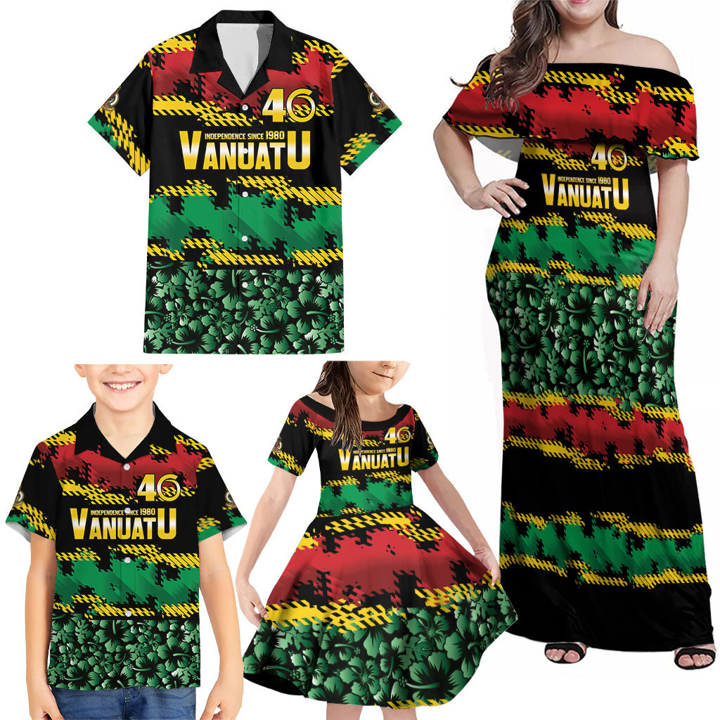 Vanuatu 46th Year Anniversary Family Matching Off Shoulder Maxi Dress and Hawaiian Shirt 30 July 1980 Hibiscus Seamless Pattern LT9 - Polynesian Pride