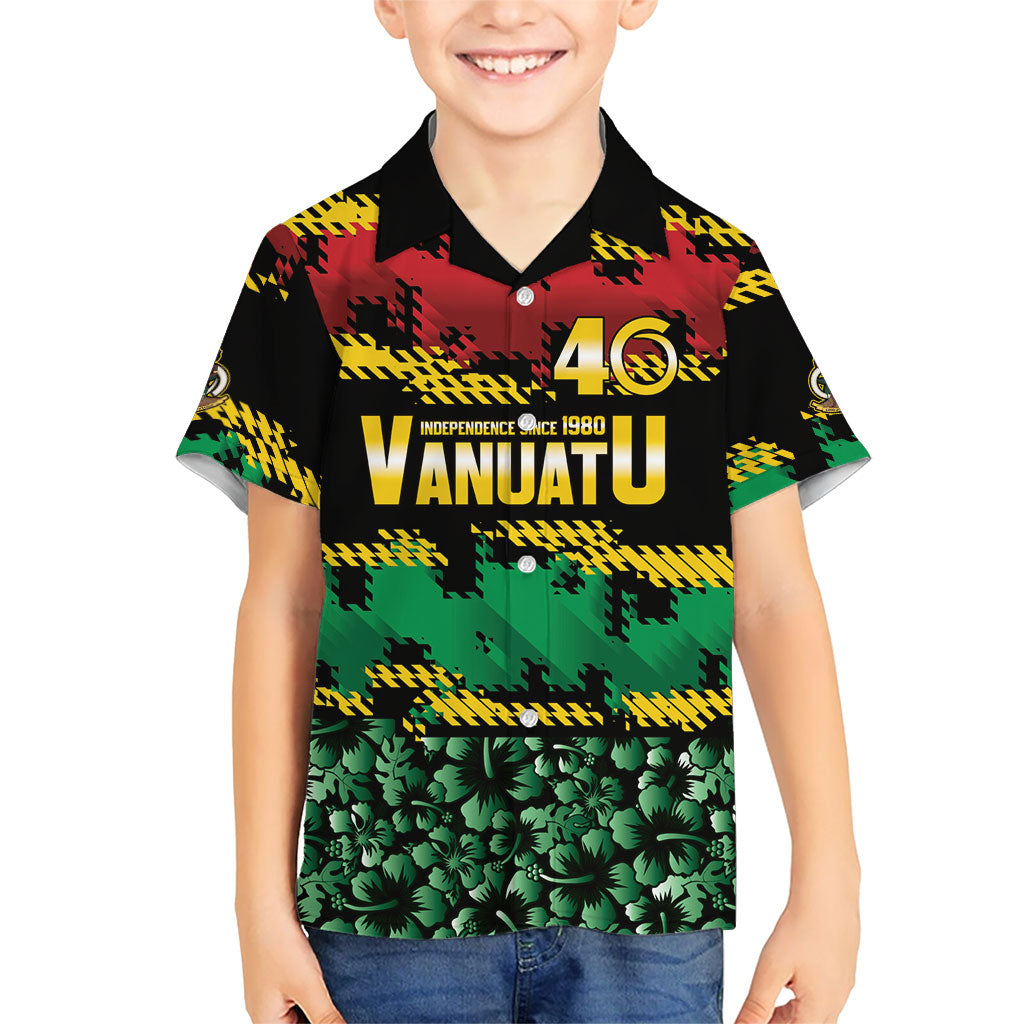 Vanuatu 46th Year Anniversary Family Matching Off Shoulder Short Dress and Hawaiian Shirt 30 July 1980 Hibiscus Seamless Pattern LT9 Son's Shirt Black - Polynesian Pride