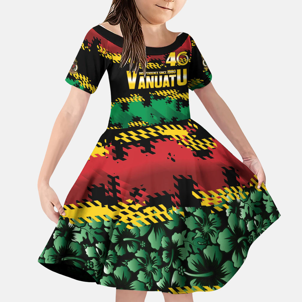 Vanuatu 46th Year Anniversary Family Matching Summer Maxi Dress and Hawaiian Shirt 30 July 1980 Hibiscus Seamless Pattern LT9 Daughter's Dress Black - Polynesian Pride