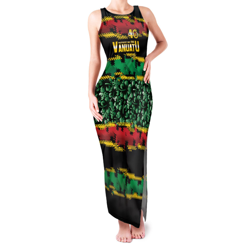 Vanuatu 46th Year Anniversary Family Matching Tank Maxi Dress and Hawaiian Shirt 30 July 1980 Hibiscus Seamless Pattern LT9 Mom's Dress Black - Polynesian Pride
