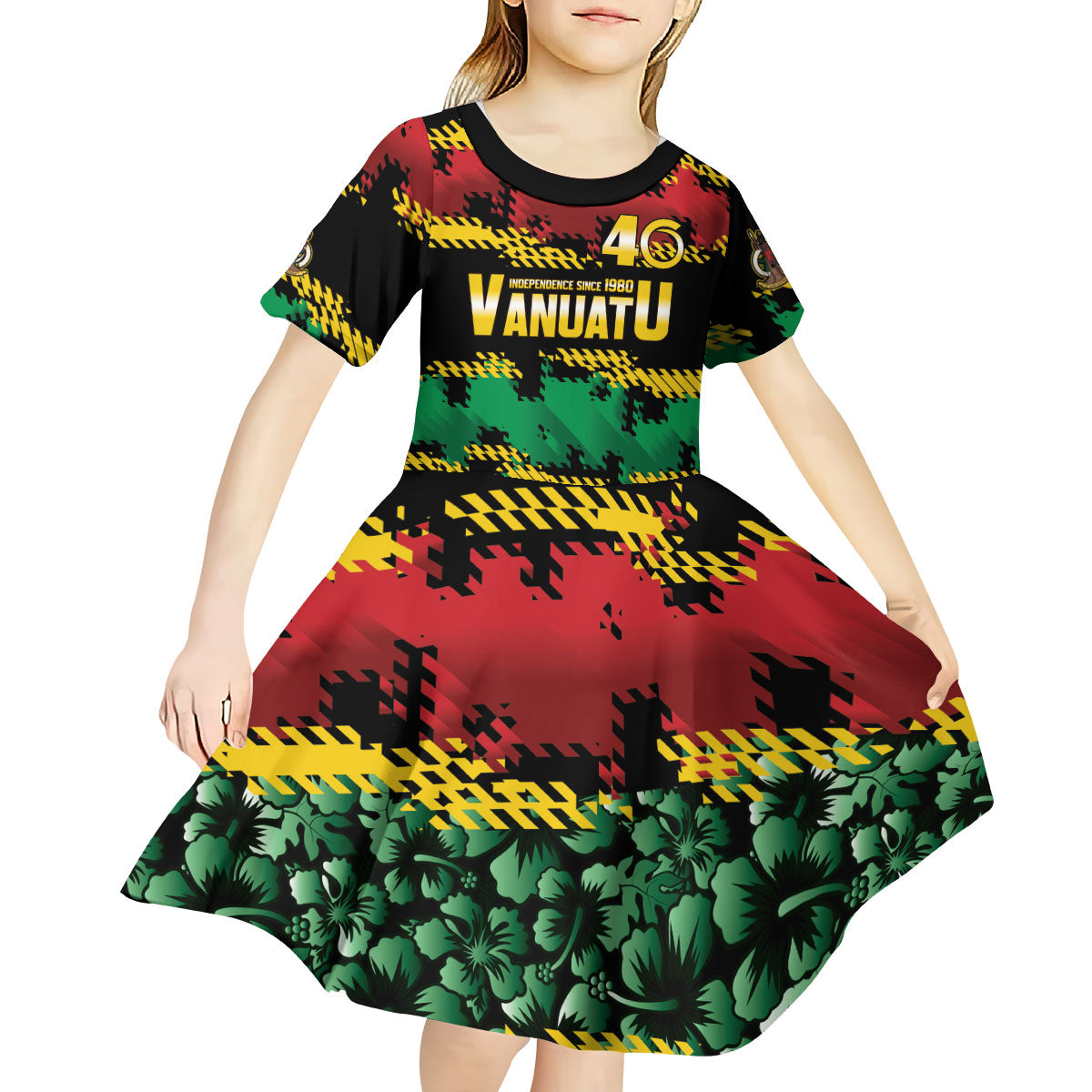 Vanuatu 46th Year Anniversary Kid Short Sleeve Dress 30 July 1980 Hibiscus Seamless Pattern