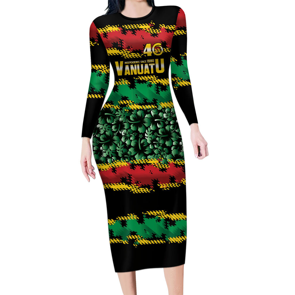 Vanuatu 46th Year Anniversary Long Sleeve Bodycon Dress 30 July 1980 Hibiscus Seamless Pattern LT9 Long Dress Black - Polynesian Pride