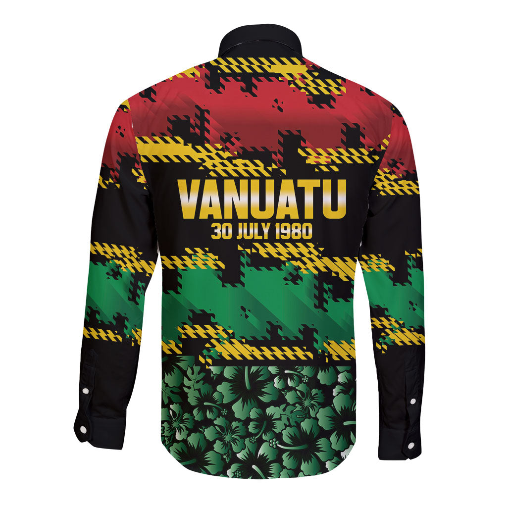 Vanuatu 46th Year Anniversary Long Sleeve Button Shirt 30 July 1980 Hibiscus Seamless Pattern
