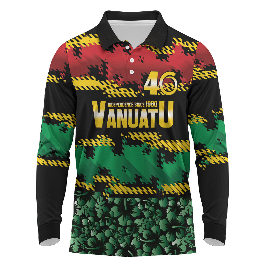 Vanuatu 46th Year Anniversary Long Sleeve Polo Shirt 30 July 1980 Hibiscus Seamless Pattern LT9 Black - Polynesian Pride