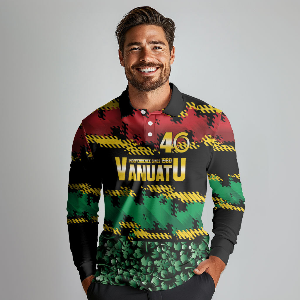 Vanuatu 46th Year Anniversary Long Sleeve Polo Shirt 30 July 1980 Hibiscus Seamless Pattern LT9 - Polynesian Pride