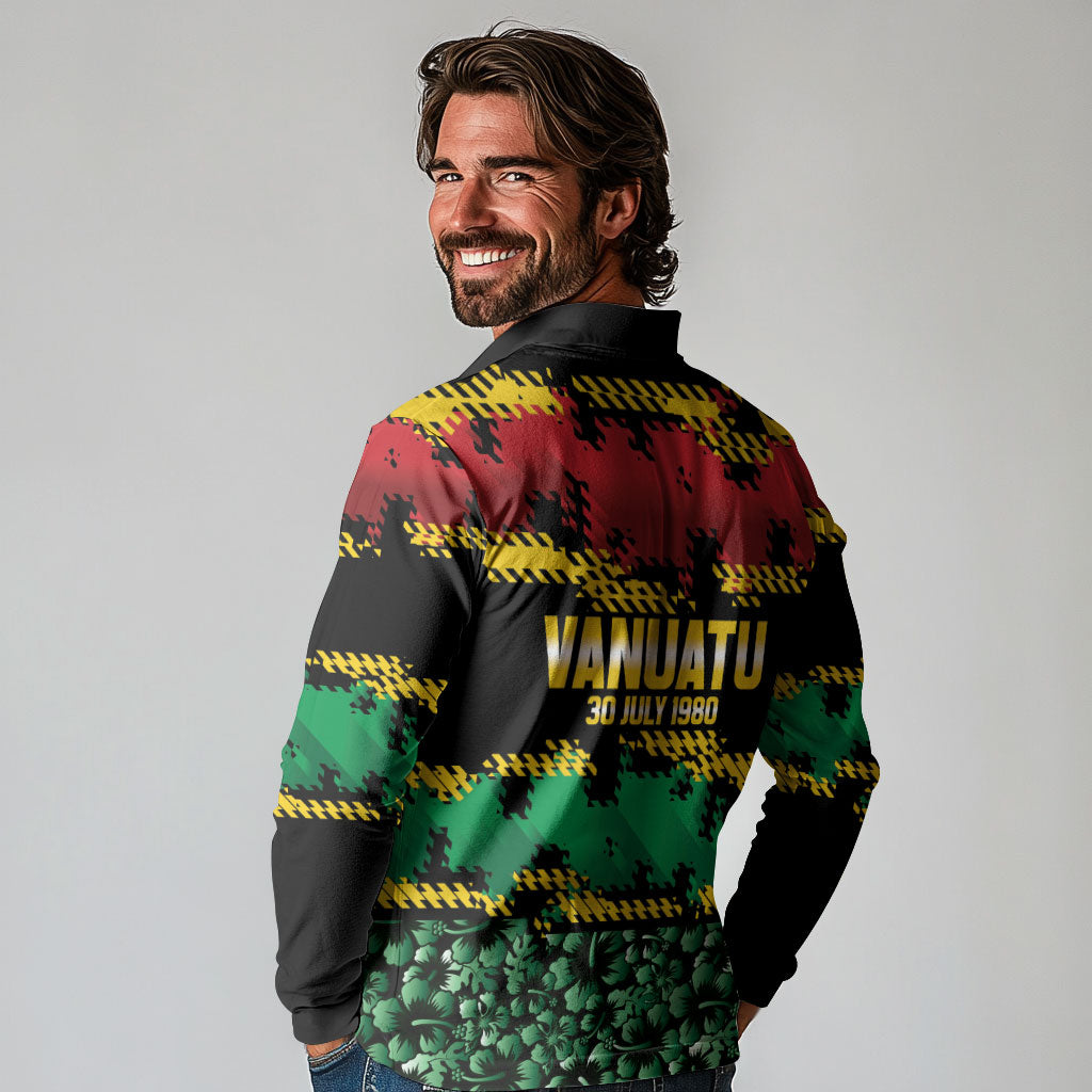 Vanuatu 46th Year Anniversary Long Sleeve Polo Shirt 30 July 1980 Hibiscus Seamless Pattern LT9 - Polynesian Pride