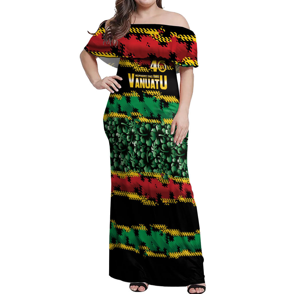 Vanuatu 46th Year Anniversary Off Shoulder Maxi Dress 30 July 1980 Hibiscus Seamless Pattern