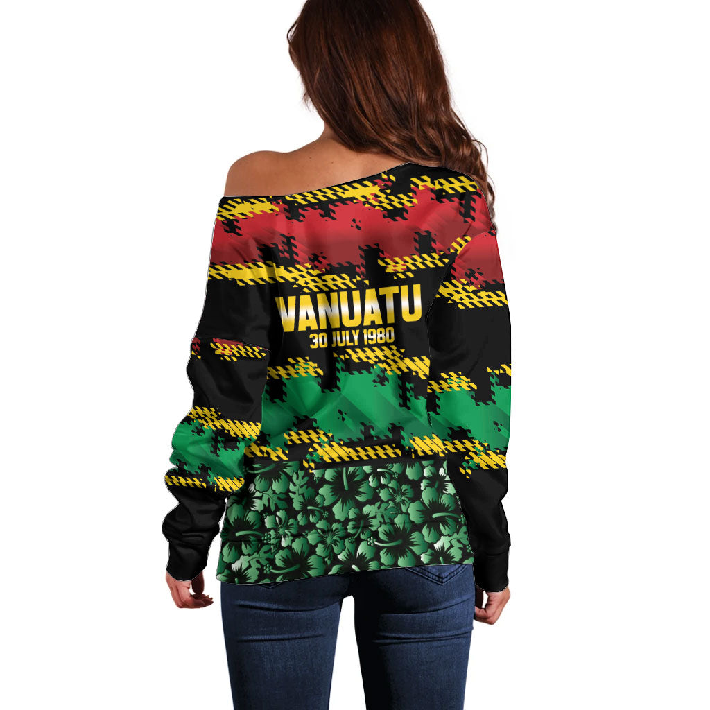 Vanuatu 46th Year Anniversary Off Shoulder Sweater 30 July 1980 Hibiscus Seamless Pattern