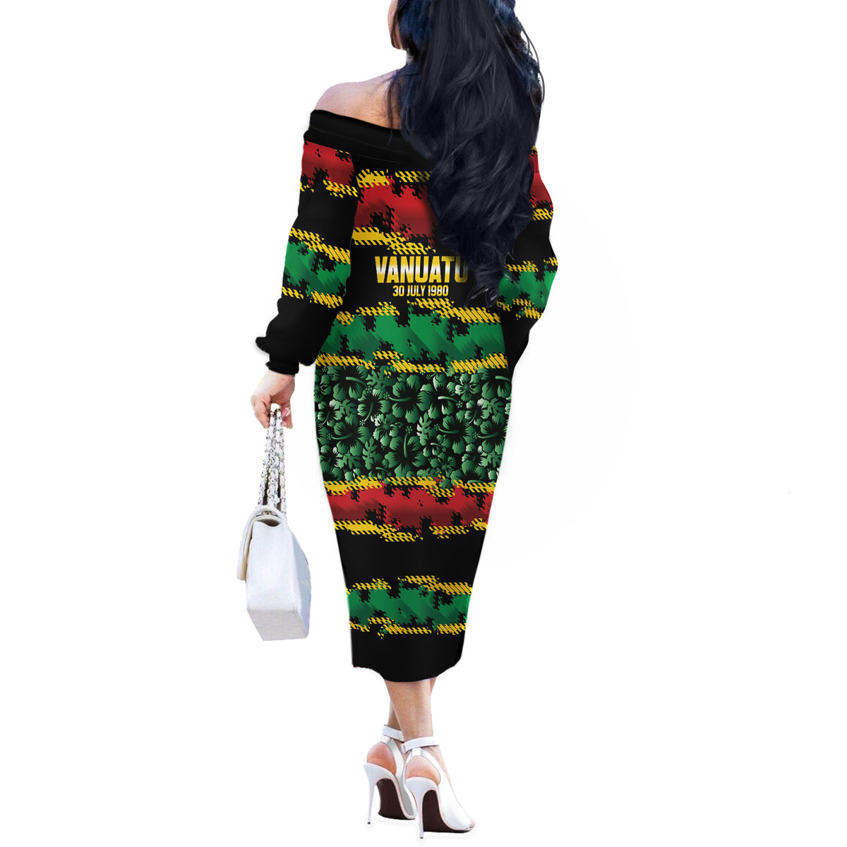 Vanuatu 46th Year Anniversary Off The Shoulder Long Sleeve Dress 30 July 1980 Hibiscus Seamless Pattern