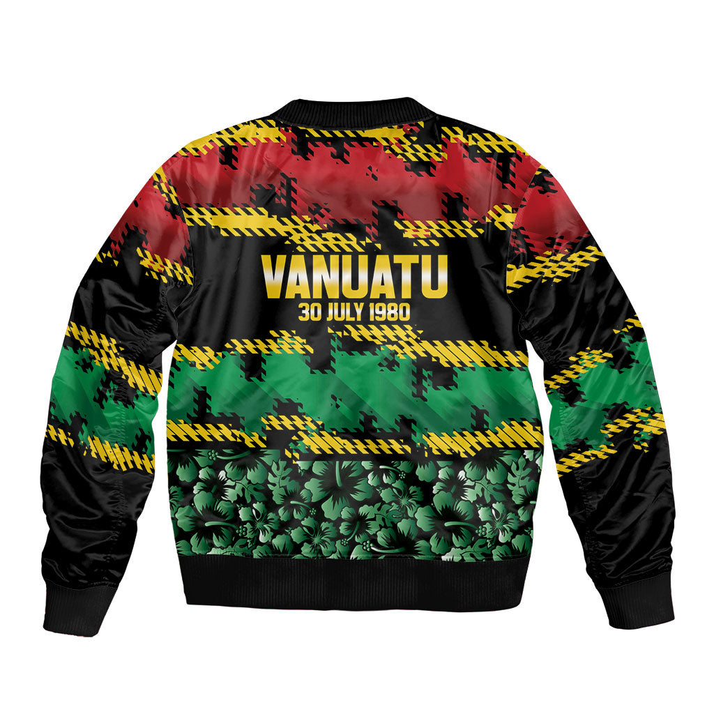 Vanuatu 46th Year Anniversary Sleeve Zip Bomber Jacket 30 July 1980 Hibiscus Seamless Pattern
