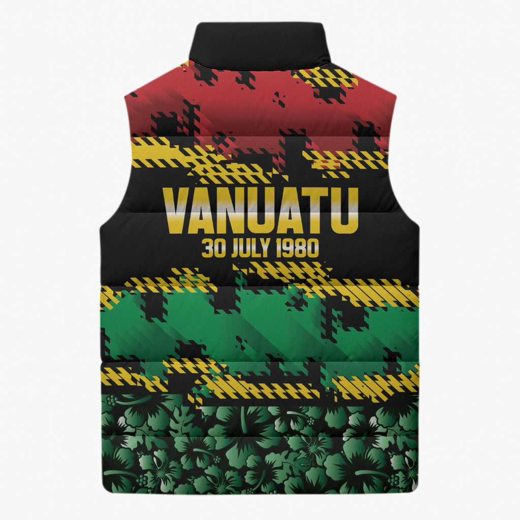 Vanuatu 46th Year Anniversary Sleeveless Puffer Jacket 30 July 1980 Hibiscus Seamless Pattern