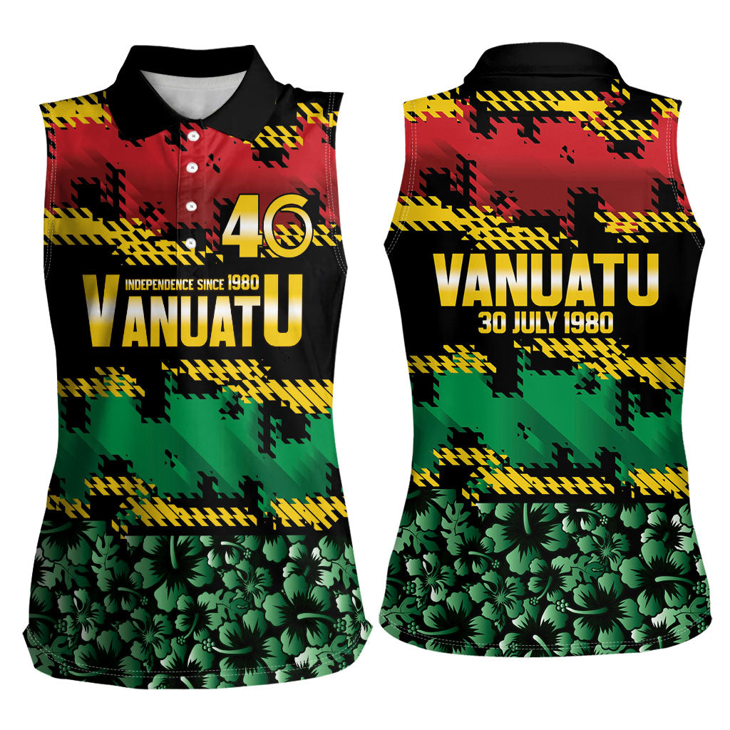 Vanuatu 46th Year Anniversary Women Sleeveless Polo Shirt 30 July 1980 Hibiscus Seamless Pattern