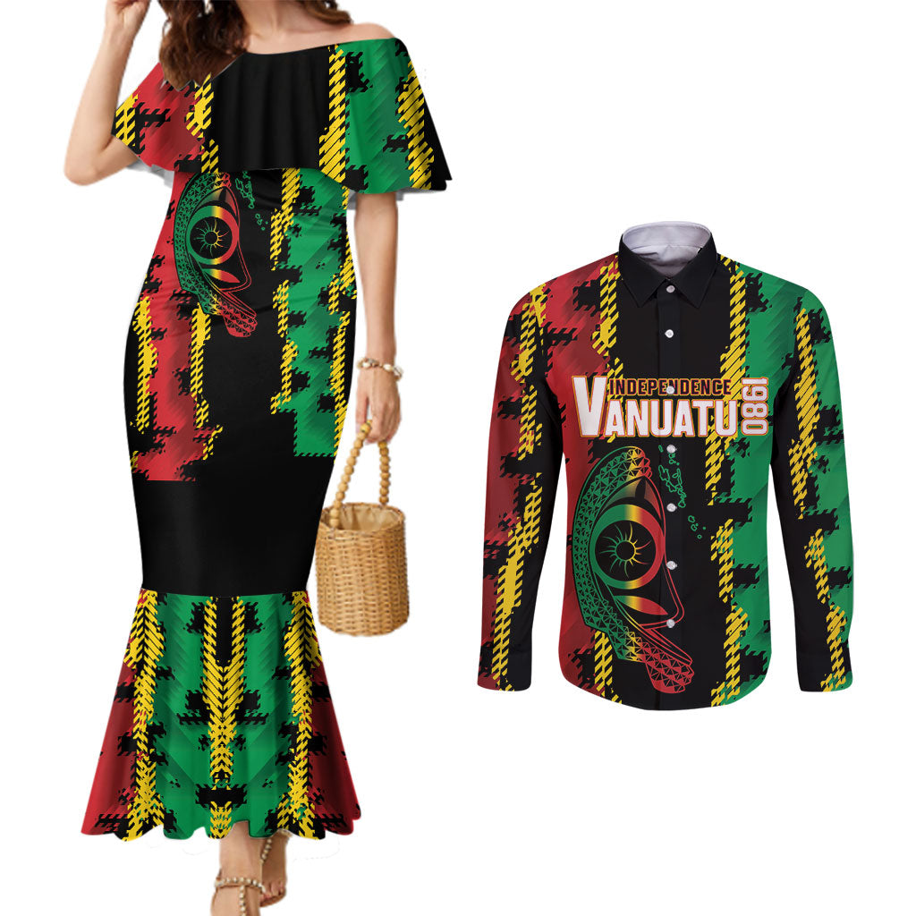 Vanuatu 46th Year Anniversary Couples Matching Mermaid Dress and Long Sleeve Button Shirt Tamtam Slit Drums Long God Yumi Stanap