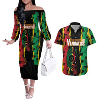 Vanuatu 46th Year Anniversary Couples Matching Off The Shoulder Long Sleeve Dress and Hawaiian Shirt Tamtam Slit Drums Long God Yumi Stanap LT9 Black - Polynesian Pride