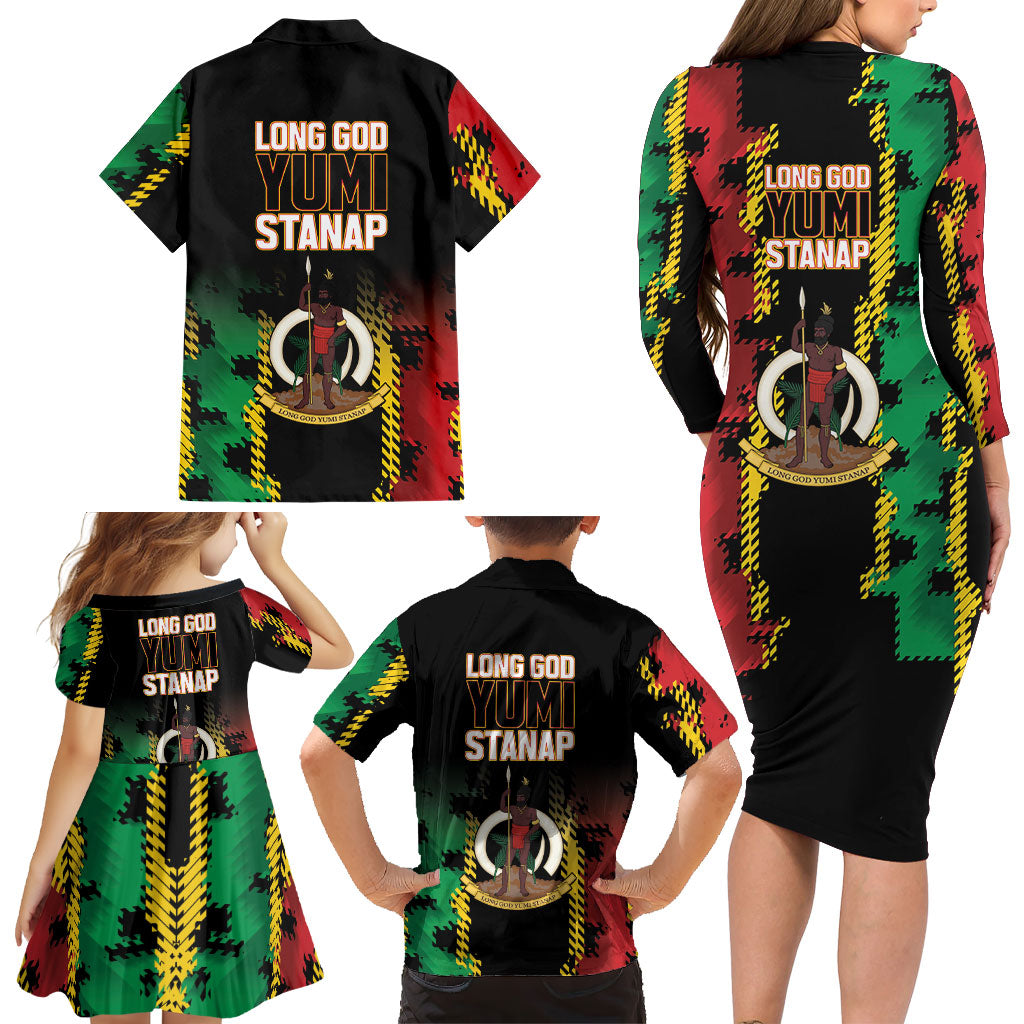 Vanuatu 46th Year Anniversary Family Matching Long Sleeve Bodycon Dress and Hawaiian Shirt Tamtam Slit Drums Long God Yumi Stanap LT9 - Polynesian Pride