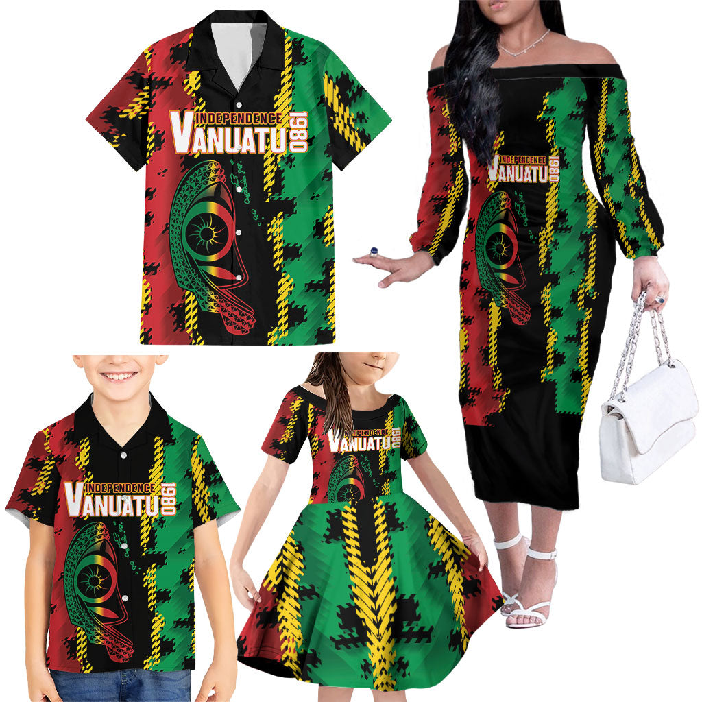 Vanuatu 46th Year Anniversary Family Matching Off The Shoulder Long Sleeve Dress and Hawaiian Shirt Tamtam Slit Drums Long God Yumi Stanap LT9 - Polynesian Pride