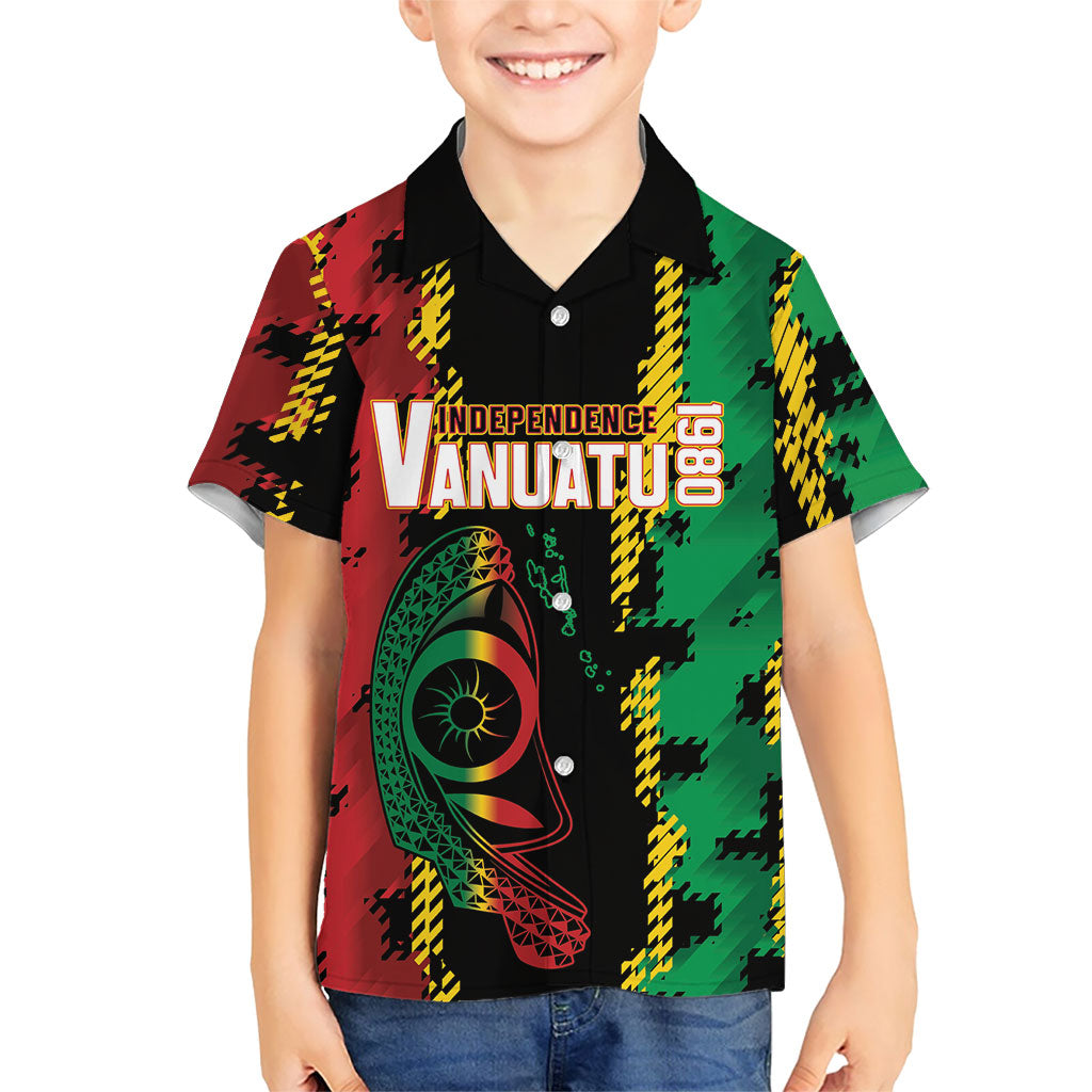 Vanuatu 46th Year Anniversary Family Matching Off Shoulder Maxi Dress and Hawaiian Shirt Tamtam Slit Drums Long God Yumi Stanap LT9 Son's Shirt Black - Polynesian Pride
