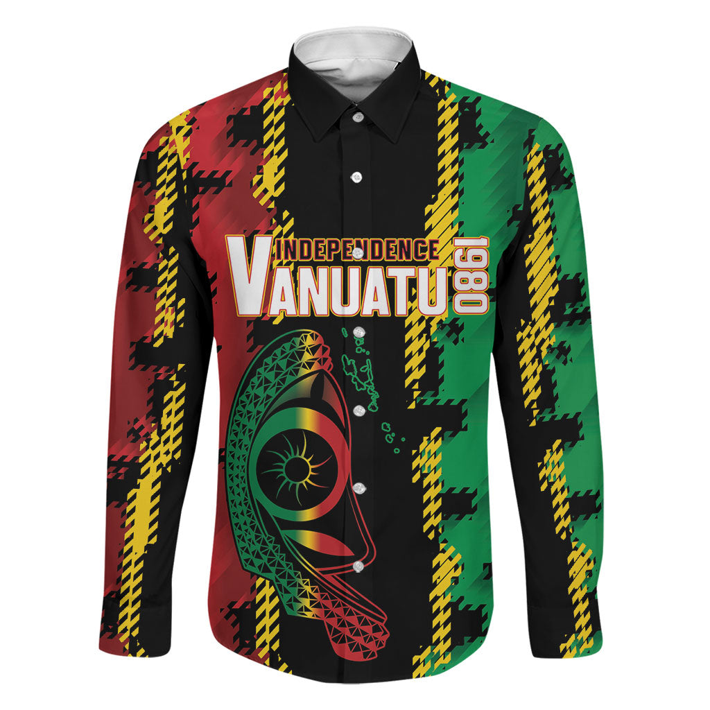 Vanuatu 46th Year Anniversary Family Matching Off Shoulder Short Dress and Hawaiian Shirt Tamtam Slit Drums Long God Yumi Stanap LT9 Dad's Shirt - Long Sleeve Black - Polynesian Pride