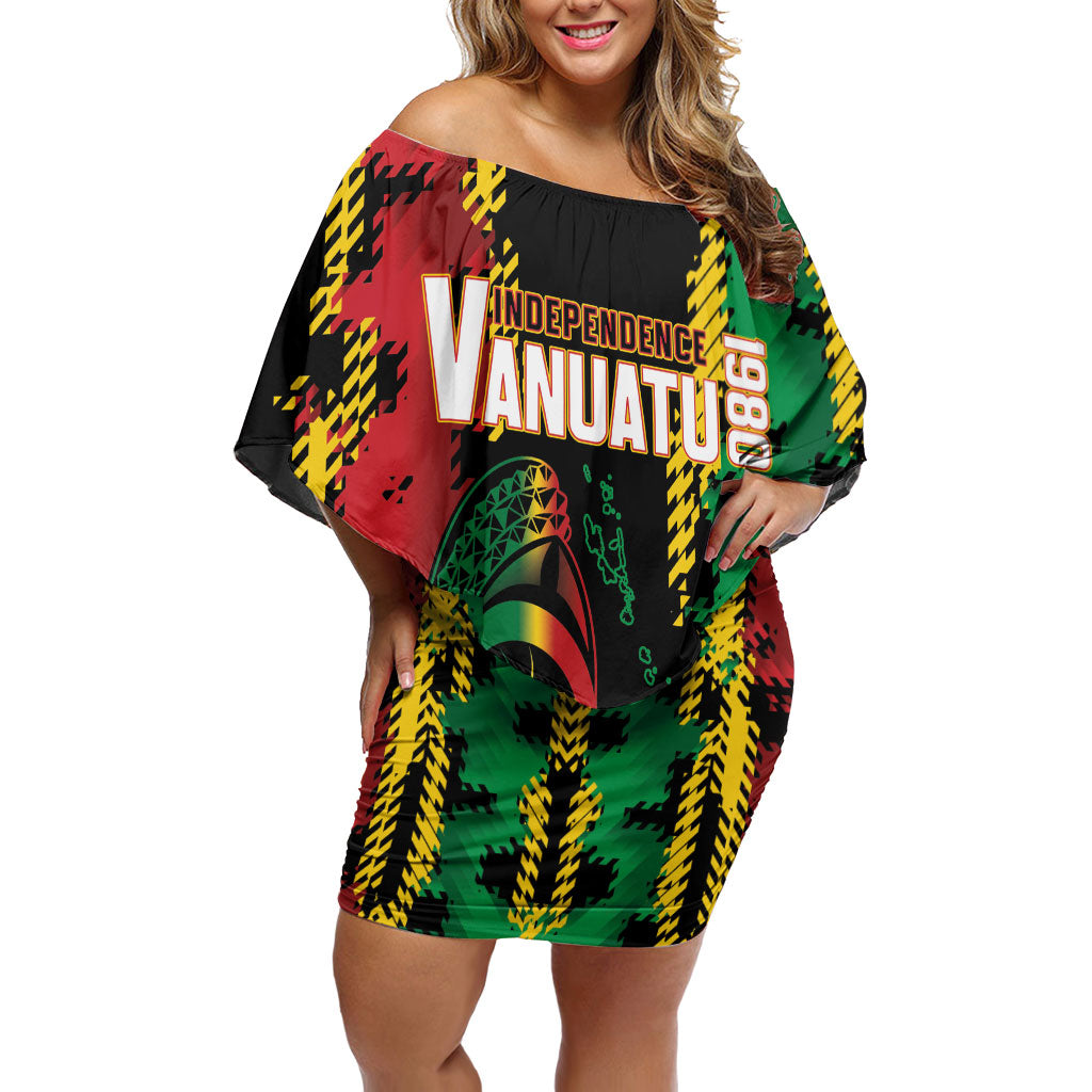 Vanuatu 46th Year Anniversary Family Matching Off Shoulder Short Dress and Hawaiian Shirt Tamtam Slit Drums Long God Yumi Stanap LT9 Mom's Dress Black - Polynesian Pride