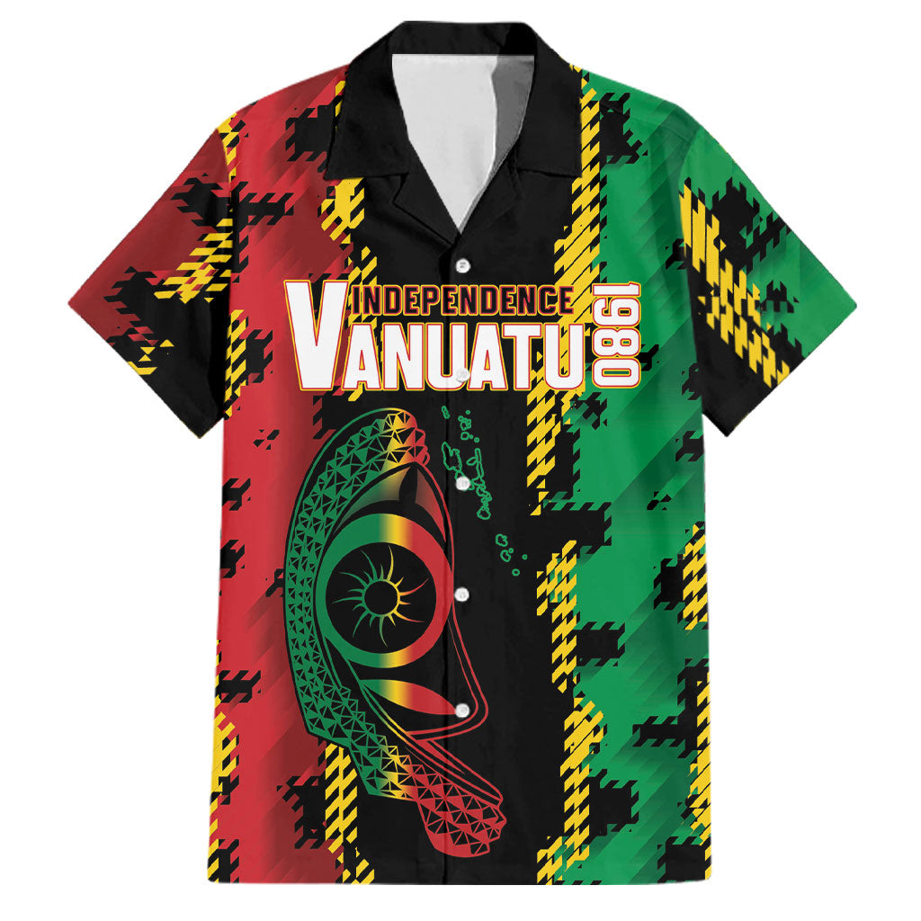 Vanuatu 46th Year Anniversary Family Matching Puletasi and Hawaiian Shirt Tamtam Slit Drums Long God Yumi Stanap LT9 Dad's Shirt - Short Sleeve Black - Polynesian Pride