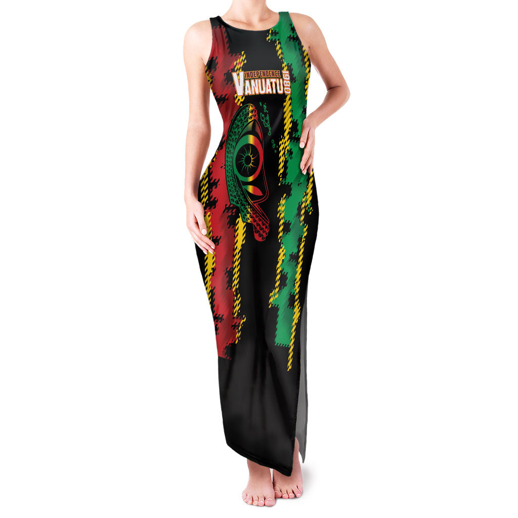Vanuatu 46th Year Anniversary Family Matching Tank Maxi Dress and Hawaiian Shirt Tamtam Slit Drums Long God Yumi Stanap LT9 Mom's Dress Black - Polynesian Pride