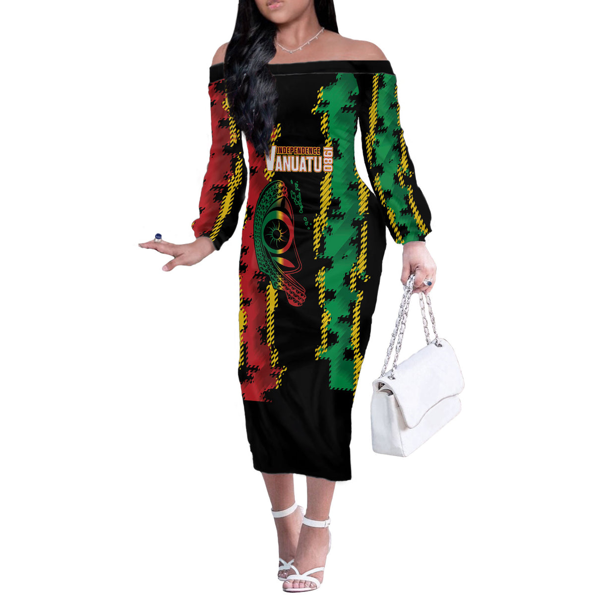 Vanuatu 46th Year Anniversary Off The Shoulder Long Sleeve Dress Tamtam Slit Drums Long God Yumi Stanap LT9 Women Black - Polynesian Pride