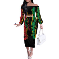 Vanuatu 46th Year Anniversary Off The Shoulder Long Sleeve Dress Tamtam Slit Drums Long God Yumi Stanap LT9 Women Black - Polynesian Pride