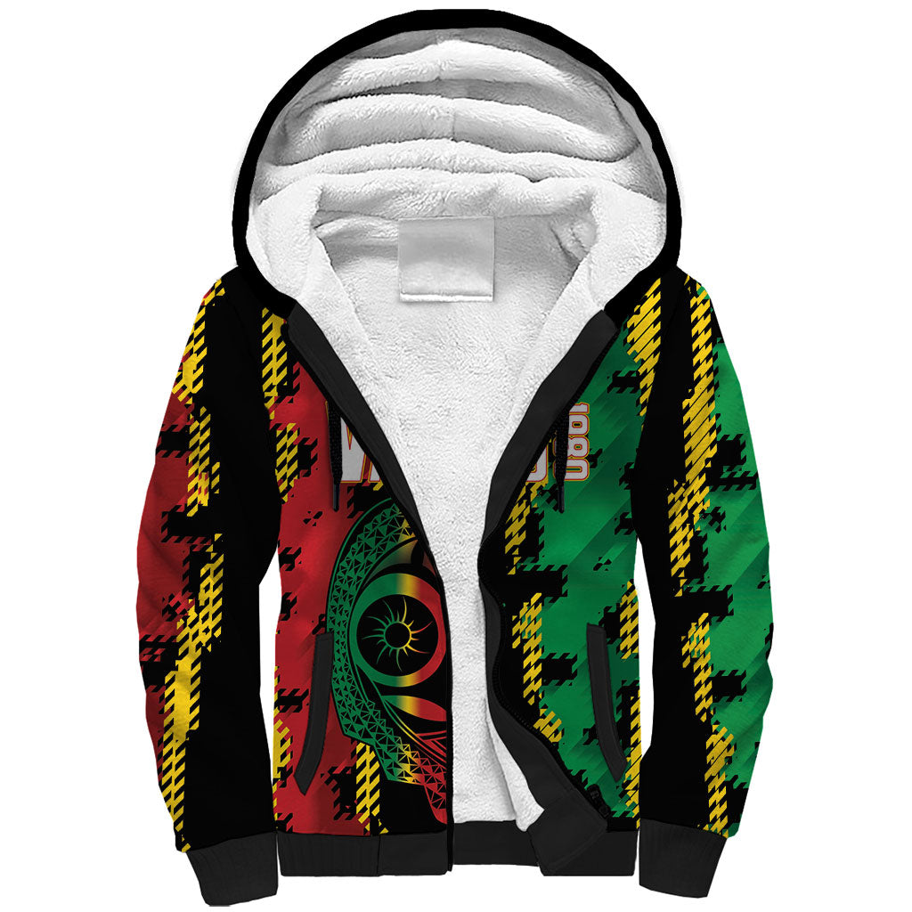 Vanuatu 46th Year Anniversary Sherpa Hoodie Tamtam Slit Drums Long God Yumi Stanap LT9 Unisex Black - Polynesian Pride
