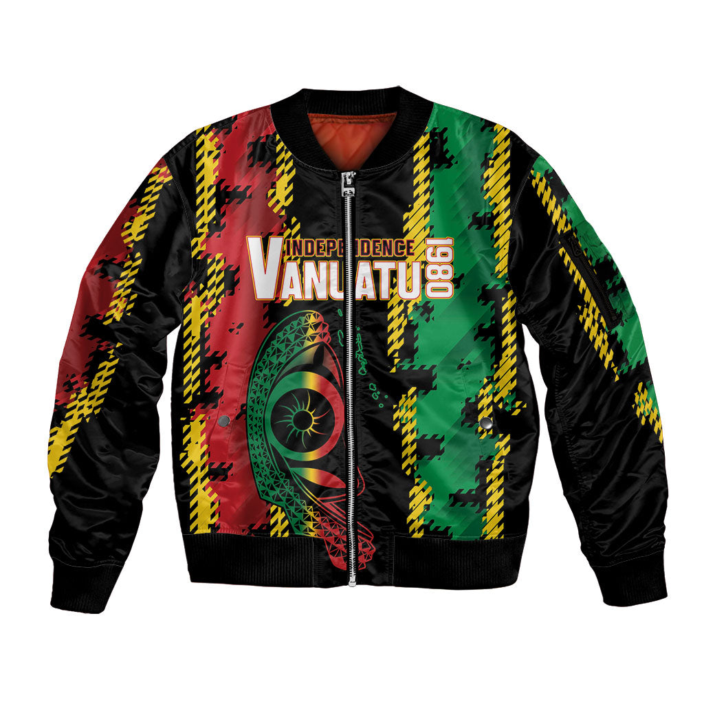 Vanuatu 46th Year Anniversary Sleeve Zip Bomber Jacket Tamtam Slit Drums Long God Yumi Stanap LT9 Unisex Black - Polynesian Pride