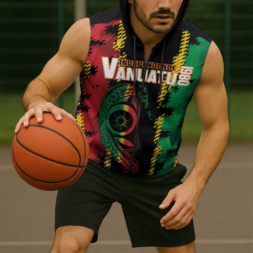 Vanuatu 46th Year Anniversary Sleeveless Zip Hoodie Tamtam Slit Drums Long God Yumi Stanap LT9 - Polynesian Pride