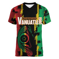 Vanuatu 46th Year Anniversary Women V-Neck T-Shirt Tamtam Slit Drums Long God Yumi Stanap LT9 Female Black - Polynesian Pride