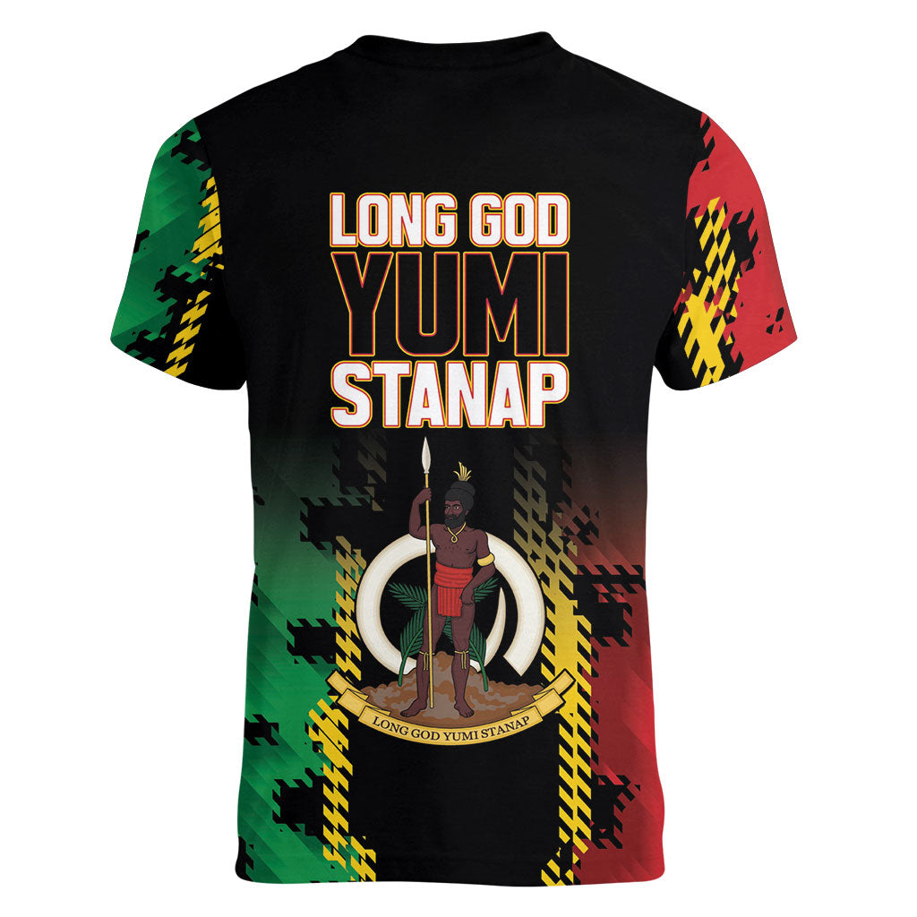 Vanuatu 46th Year Anniversary Women V-Neck T-Shirt Tamtam Slit Drums Long God Yumi Stanap LT9 - Polynesian Pride
