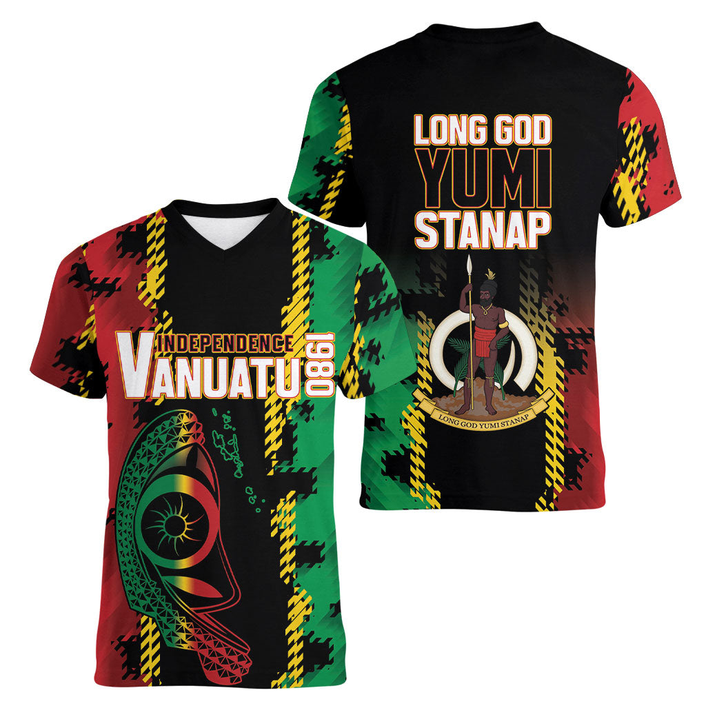 Vanuatu 46th Year Anniversary Women V-Neck T-Shirt Tamtam Slit Drums Long God Yumi Stanap LT9 - Polynesian Pride