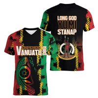 Vanuatu 46th Year Anniversary Women V-Neck T-Shirt Tamtam Slit Drums Long God Yumi Stanap LT9 - Polynesian Pride